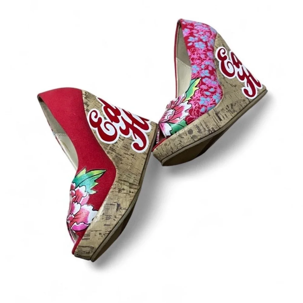 Ed Hardy Womens Red Tattoo Print Cork Wedge Peep Toe Pumps Y2K Size 5